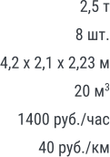 2,5 т 8 шт. 4,2 х 2,1 х 2,23 м 20 м3 1400 руб./час 40 руб./км