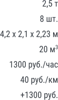 2,5 т 8 шт. 4,2 х 2,1 х 2,23 м 20 м3 1300 руб./час 40 руб./км +1300 руб.