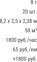 8 т 20 шт. 8,2 х 2,5 х 2,38 м 50 м3 1800 руб./час 65 руб./км +1800 руб.
