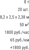8 т 20 шт. 8,2 х 2,5 х 2,38 м 50 м3 1800 руб./час 65 руб./км +1800 руб.