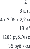 2 т 8 шт. 4 х 2,05 х 2,2 м 18 м3 1200 руб./час 35 руб./км