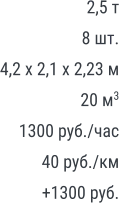 2,5 т 8 шт. 4,2 х 2,1 х 2,23 м 20 м3 1300 руб./час 40 руб./км +1300 руб.